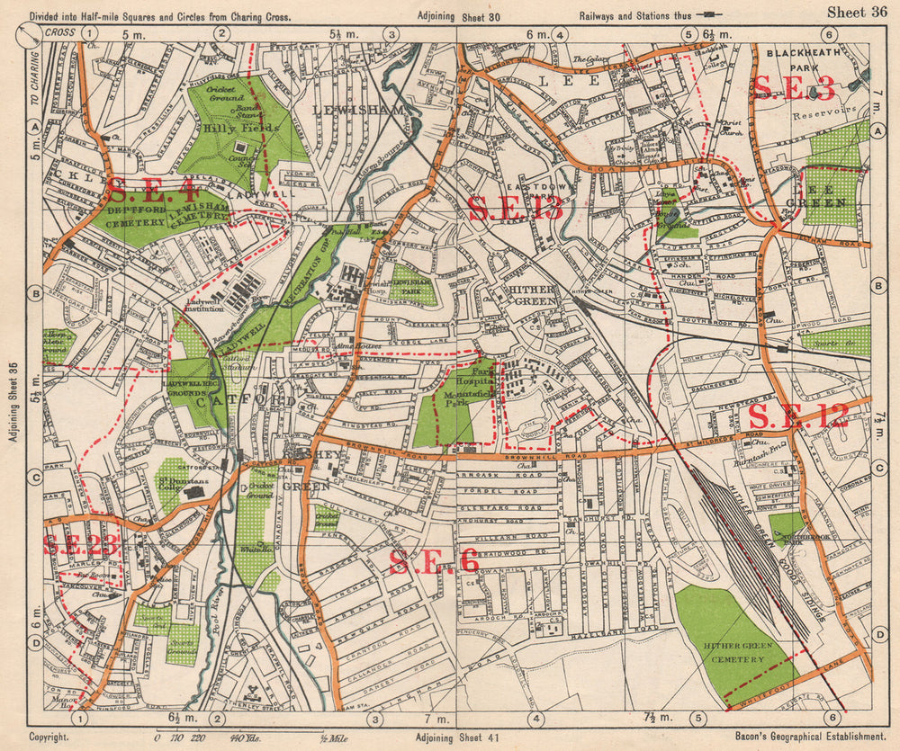SE LONDON. Catford Hither/Rushey/Lee Green Lewisham Ladywell. BACON 1938 map