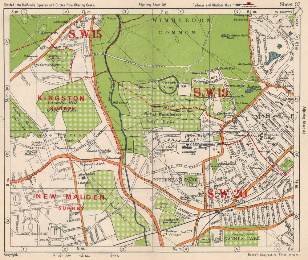 SW LONDON. Wimbledon Common Cottenham Park Malden Coombe Hill. BACON 1938 map