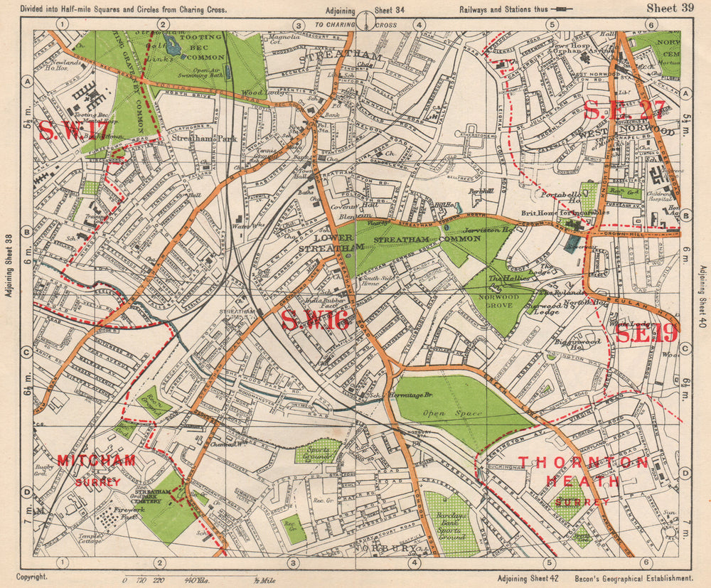 S LONDON. Streatham/Vale Norbury Tooting Bec West Norwood. BACON 1938 old map