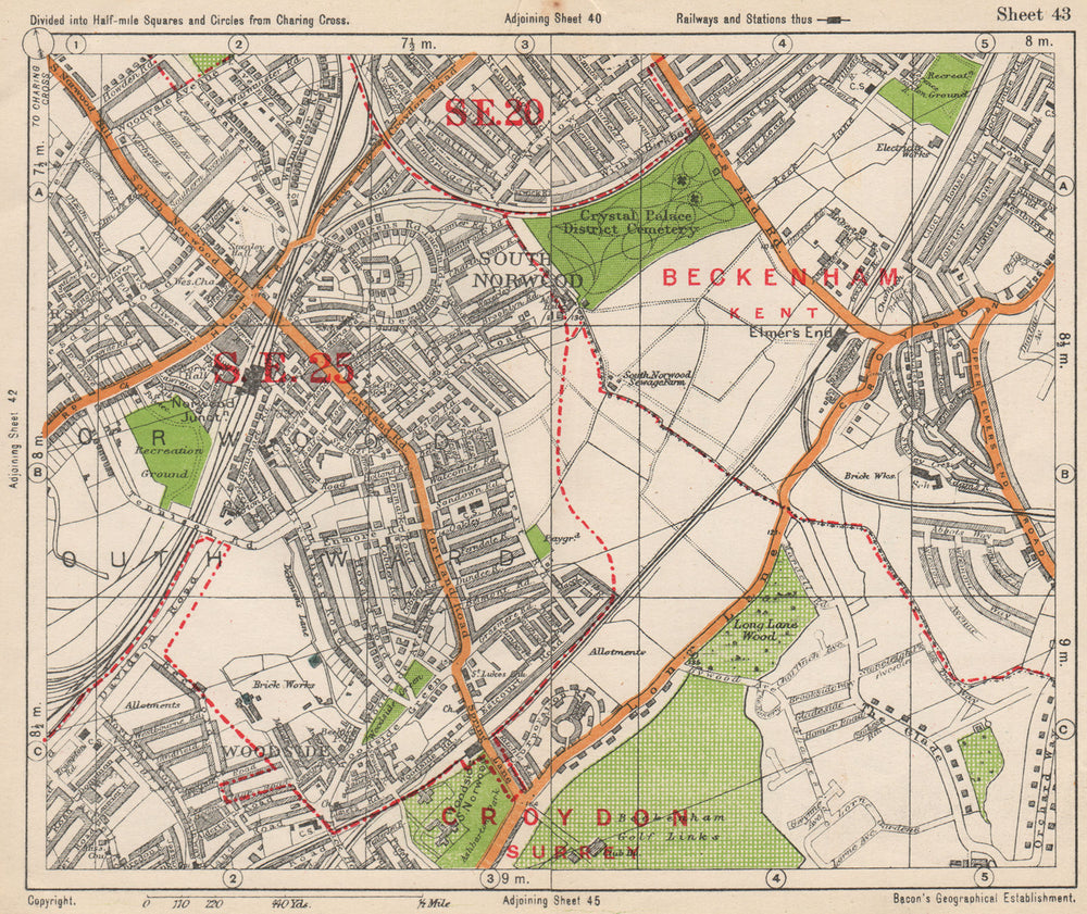 SOUTH EAST LONDON. South Norwood Woodside Elmer's End Anerley. BACON 1938 map