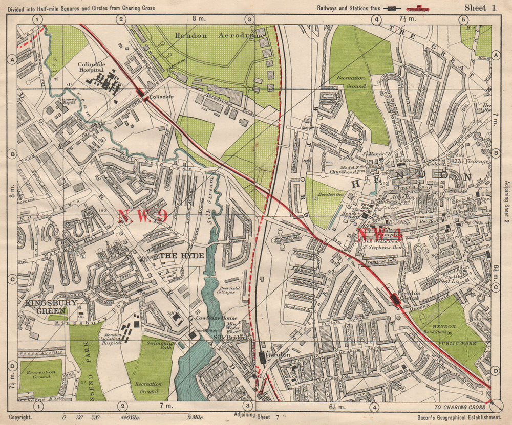 NW LONDON. Hendon Aerodrome Kingsbury Green The Hyde. BACON 1933 old map
