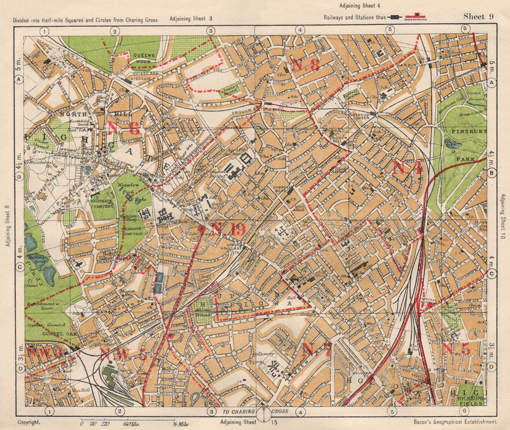 N LONDON. Highgate Crouch End Holloway Finsbury Park Gospel Oak. BACON 1933 map