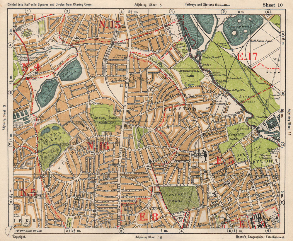 NE LONDON. Stoke Newington Stamford Hill Clapton South Tottenham BACON 1933 map