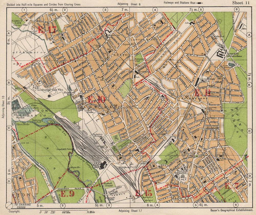 NE LONDON. Leyton Leytonstone Hackney Marshes Knotts Green. BACON 1933 old map