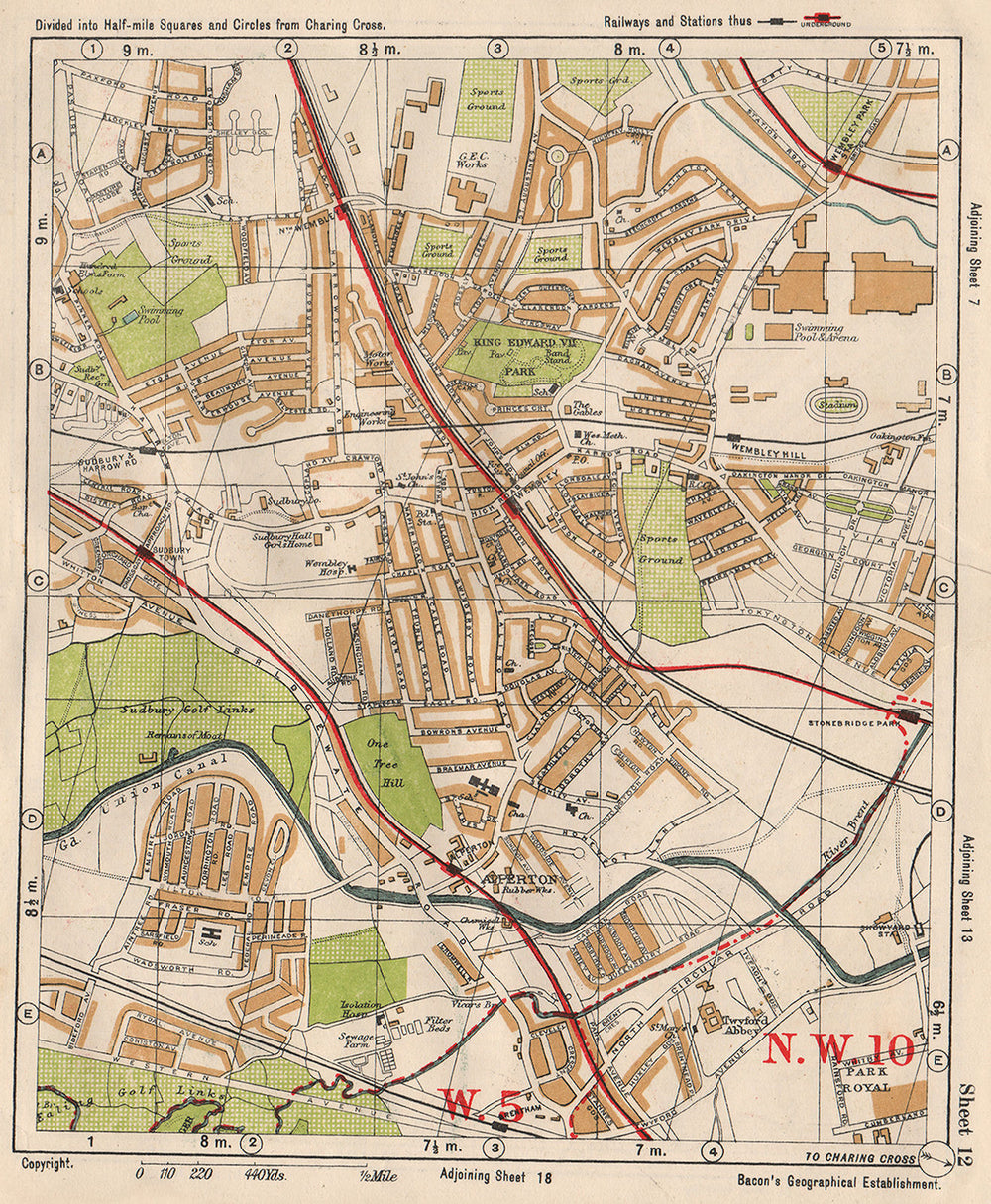 NW LONDON. Wembley Sudbury Alperton Park Royal Hanger Lane. BACON 1933 old map