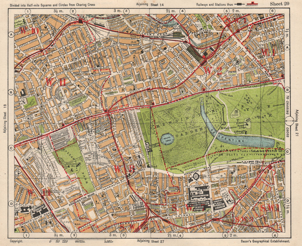 W LONDON. Paddington South Kensington Bayswater Notting Hill. BACON 1933 map