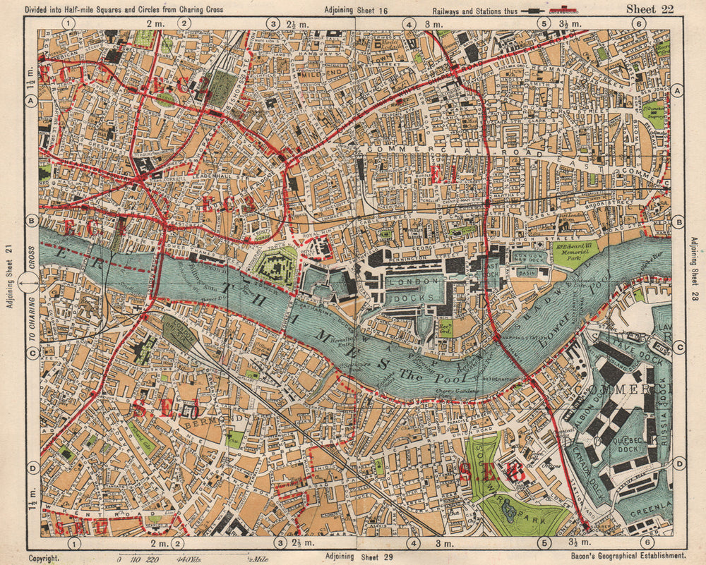 LONDON. City East End Bermondsey Stepney Rotherhithe Whitechapel.BACON 1933 map