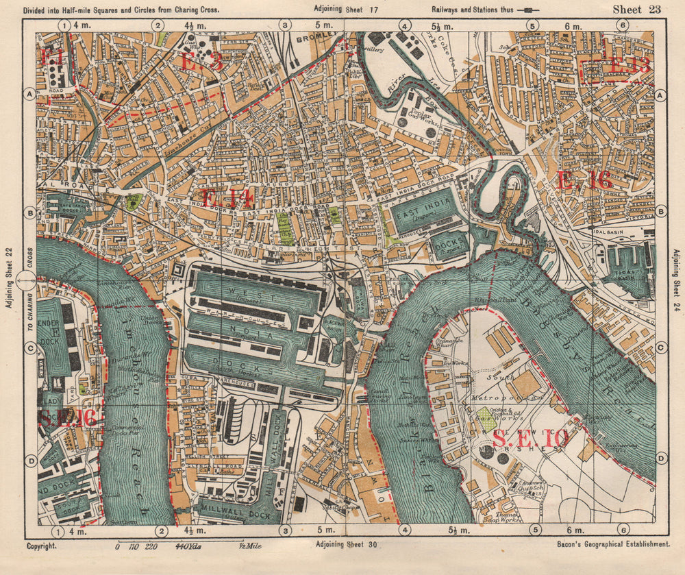 E LONDON Surrey Docks Isle of Dogs Canning Town Poplar Limehouse.BACON 1933 map
