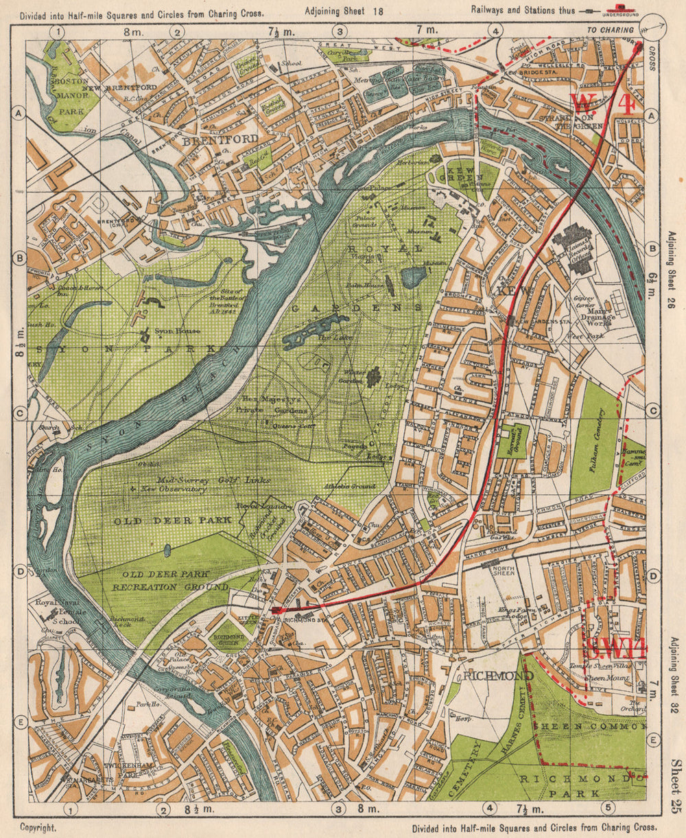 SW LONDON. Brentford Kew gardens Richmond Sheen Chiswick. BACON 1933 old map