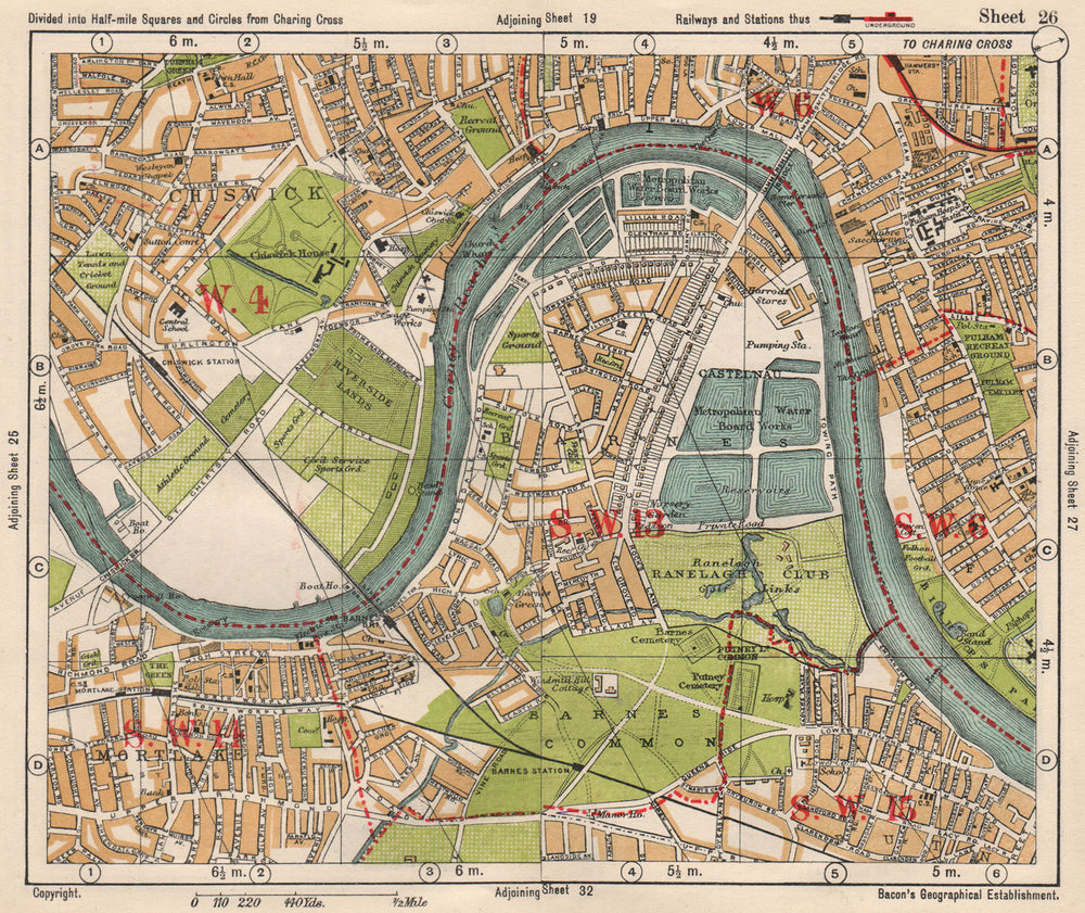 SW LONDON. Chiswick Barnes Castlenau Fulham Hammersmith Mortlake.BACON 1933 map