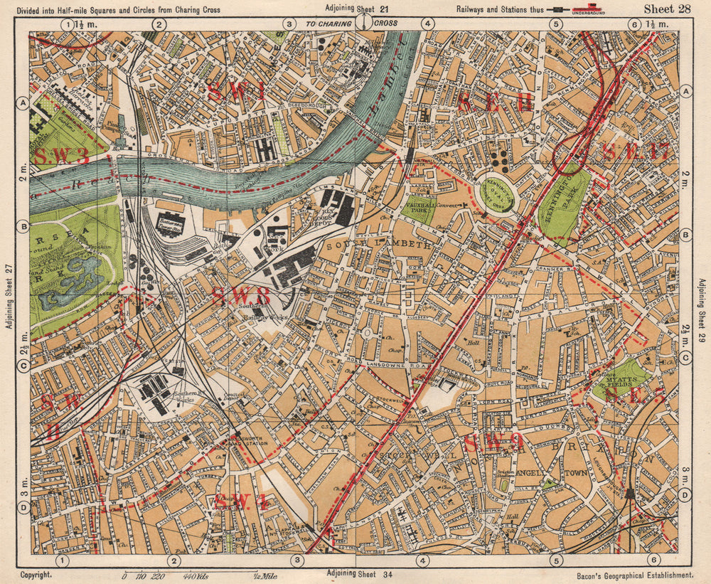 S LONDON. Kennington Battersea Pimlico Brixton Lambeth Clapham. BACON 1933 map