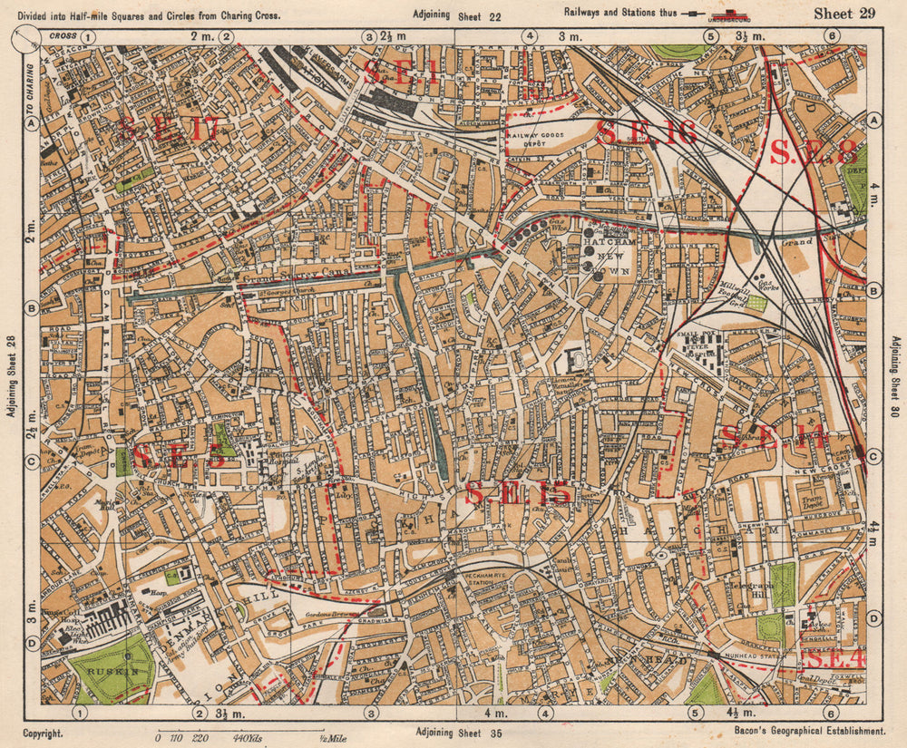 SE LONDON. Peckham Camberwell Hatcham Denmark Hill Surrey canal. BACON 1933 map