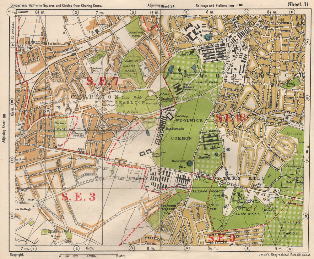 SE LONDON. Charlton Woolwich Shooters Hill Eltham Kidbrooke. BACON 1933 map