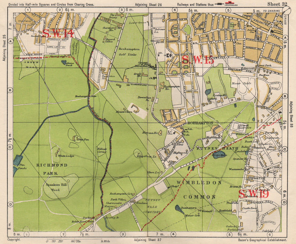 SW LONDON. Putney Roehampton Richmond Park Wimbledon Common. BACON 1933 map