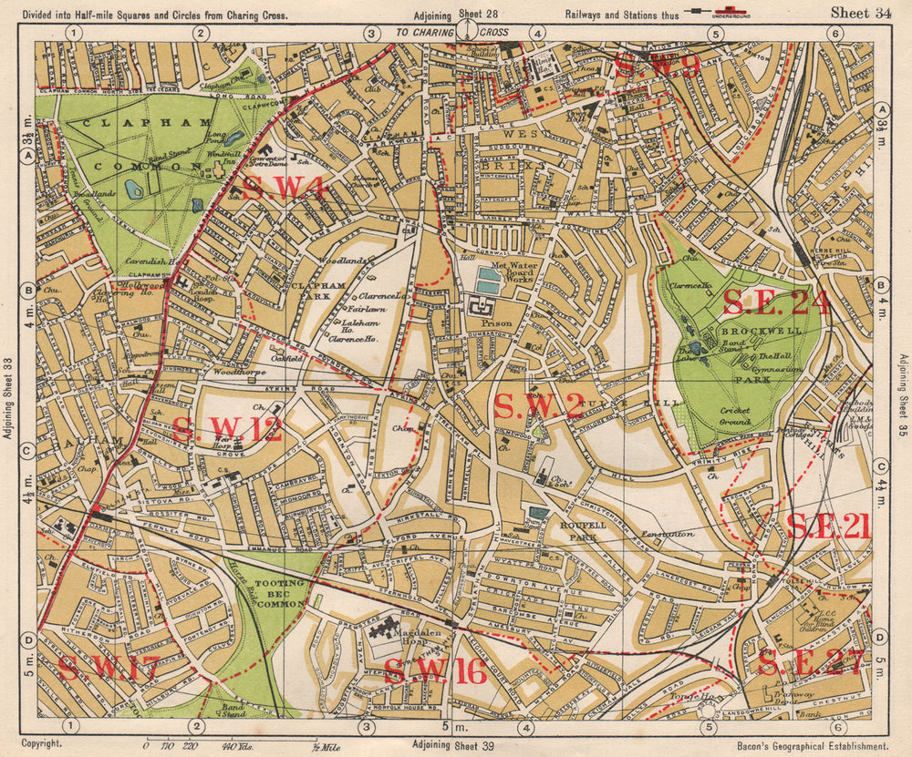 S LONDON. Brixton Clapham Balham Herne Hill Streatham Tusle Hill.BACON 1933 map