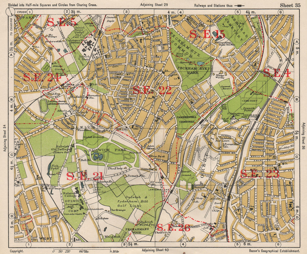 SE LONDON. Dulwich Honor Oak Forest Hill Herne Hill Peckham Rye. BACON 1933 map