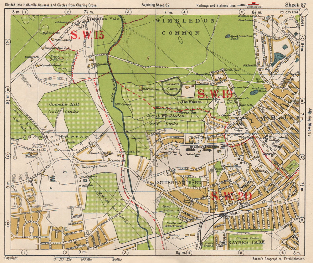 SW LONDON. Wimbledon Common Cottenham Park Malden Coombe Hill. BACON 1933 map