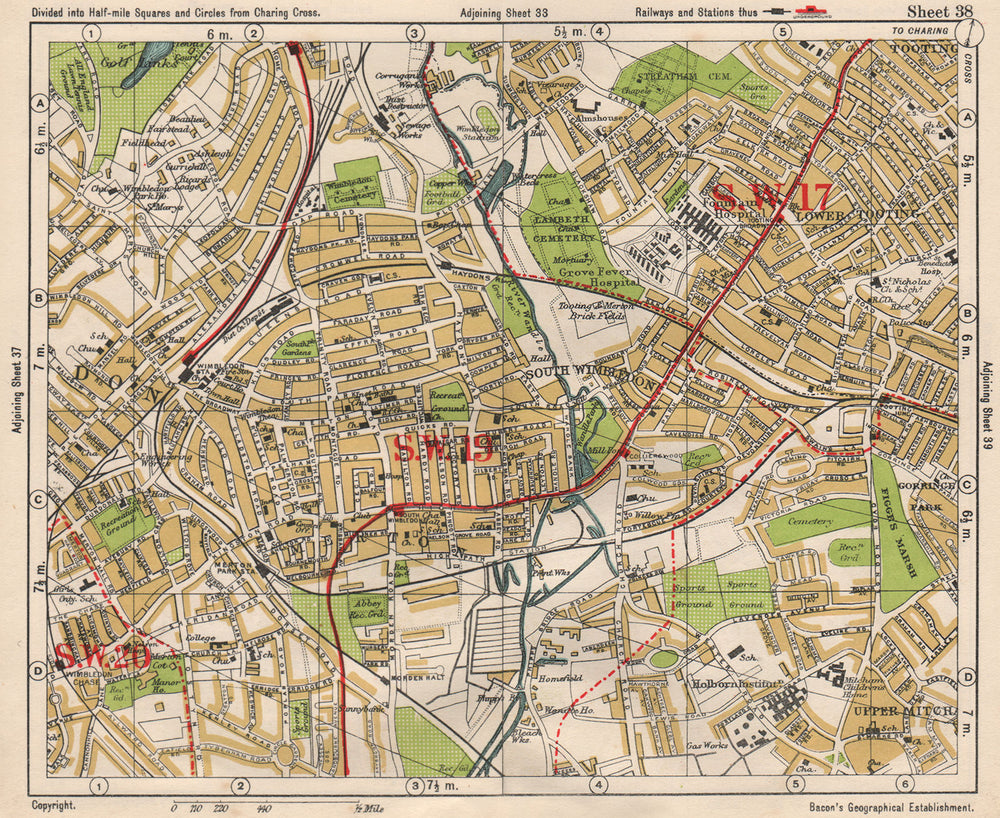 SW LONDON. Wimbledon Tooting Merton Morden Upper Mitcham. BACON 1933 old map