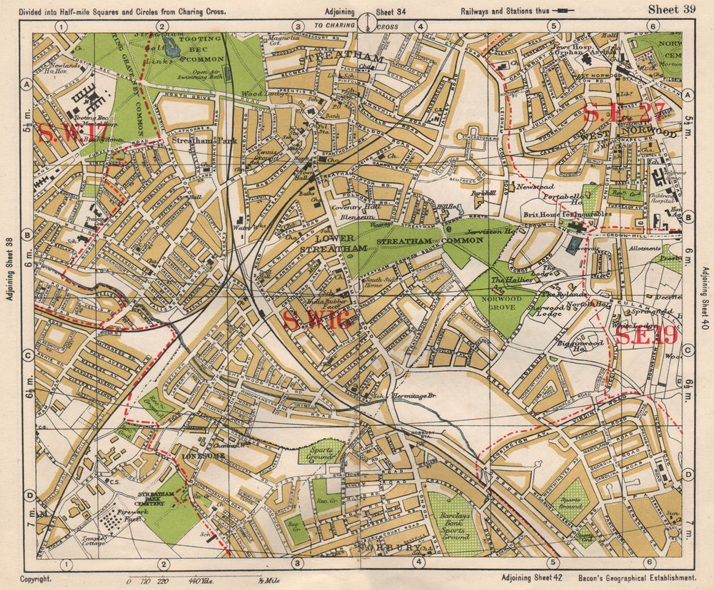 S LONDON. Streatham/Vale Norbury Tooting Bec West Norwood. BACON 1933 old map