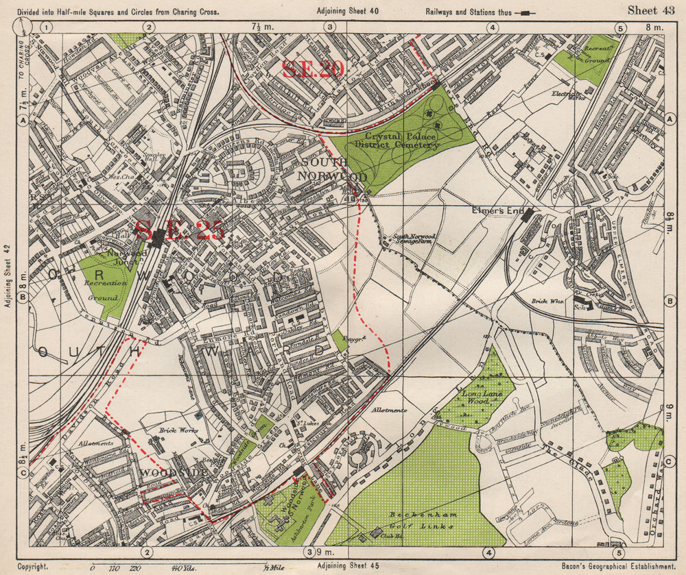 SOUTH EAST LONDON. South Norwood Woodside Elmer's End Anerley. BACON 1933 map