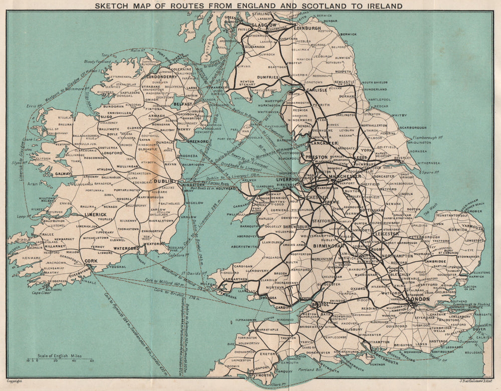 ROUTES TO IRELAND from England and Scotland. Railways Steamers/ferries 1902 map