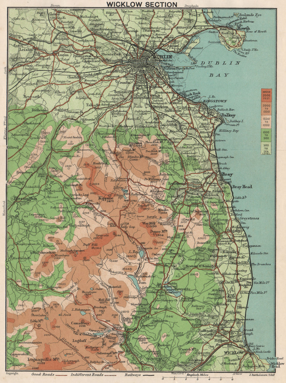 WICKLOW MOUNTAINS and Dublin. Vintage map. Ireland 1902 old antique chart