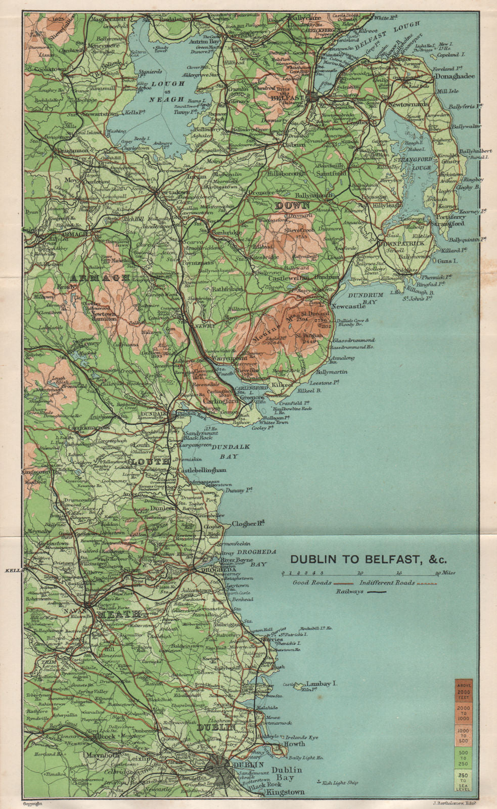 IRELAND EAST COAST. Dublin to Belfast. 1902 old antique vintage map plan chart