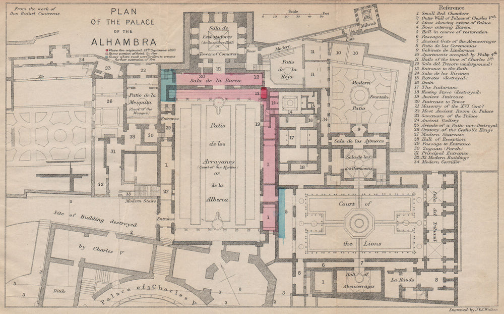 ALHAMBRA PALACE antique plan. Spain Espana. MURRAY 1898 old map chart