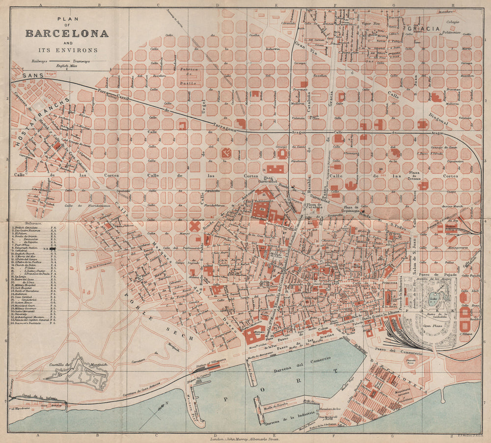 BARCELONA antique town city plan ciudad. Spain Espana. MURRAY 1898 old map
