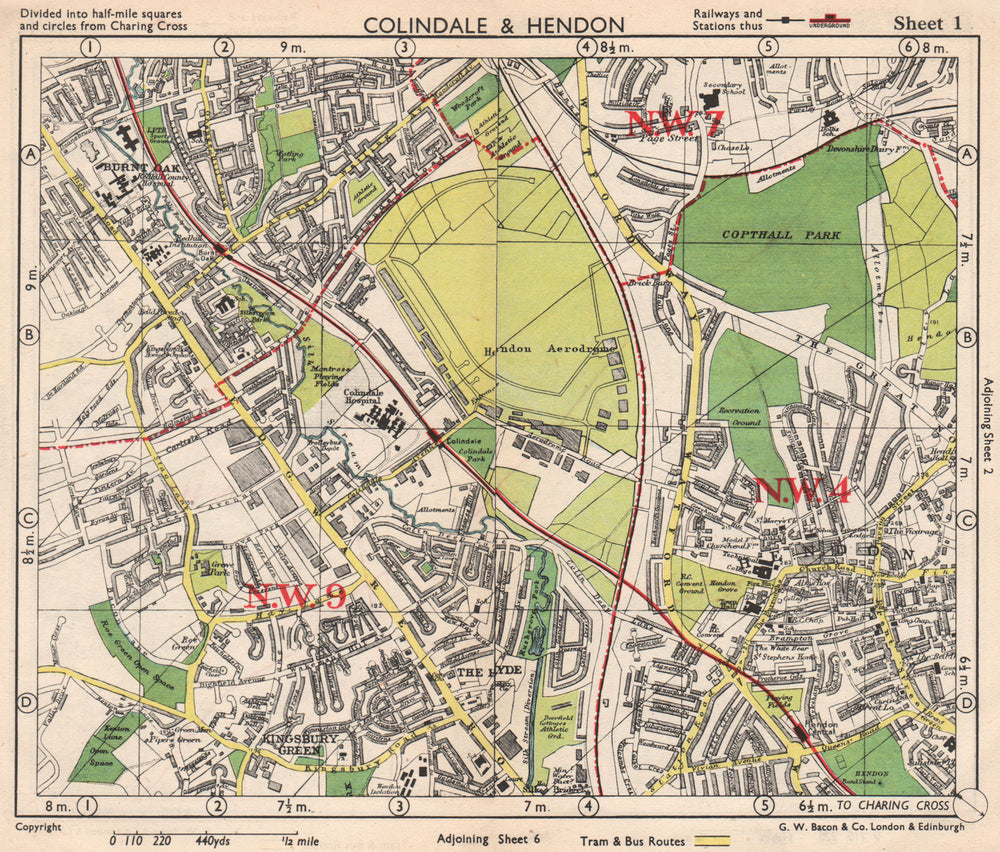 NW LONDON. Colindale Hendon aerodrome Kingsbury Green Burnt Oak. BACON 1948 map