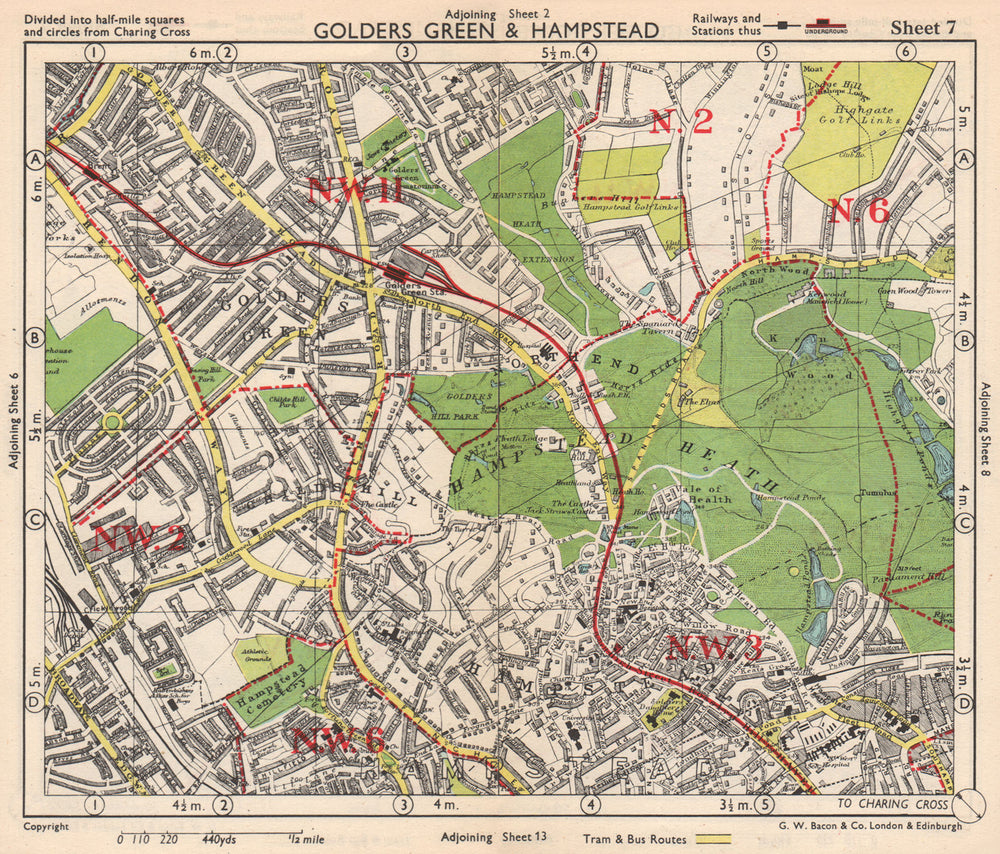 NW LONDON. Golders Green Hampstead Child's Hill Cricklewood. BACON 1948 map