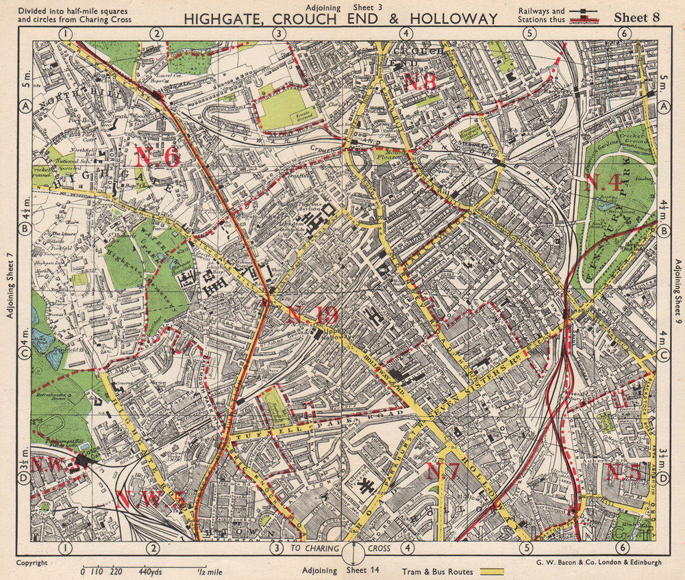 N LONDON. Highgate Crouch End Holloway Finsbury Park Gospel Oak. BACON 1948 map
