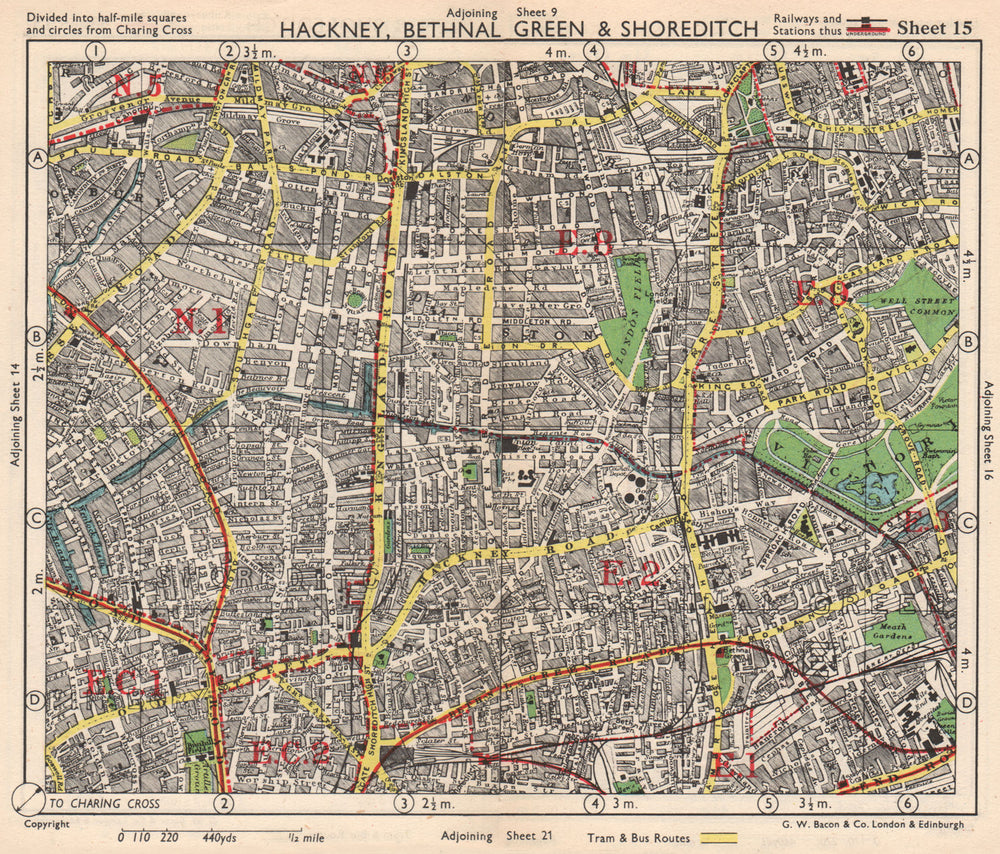 NE LONDON. Hackney Bethnal Green Shoreditch Hoxton Canonbury. BACON 1948 map