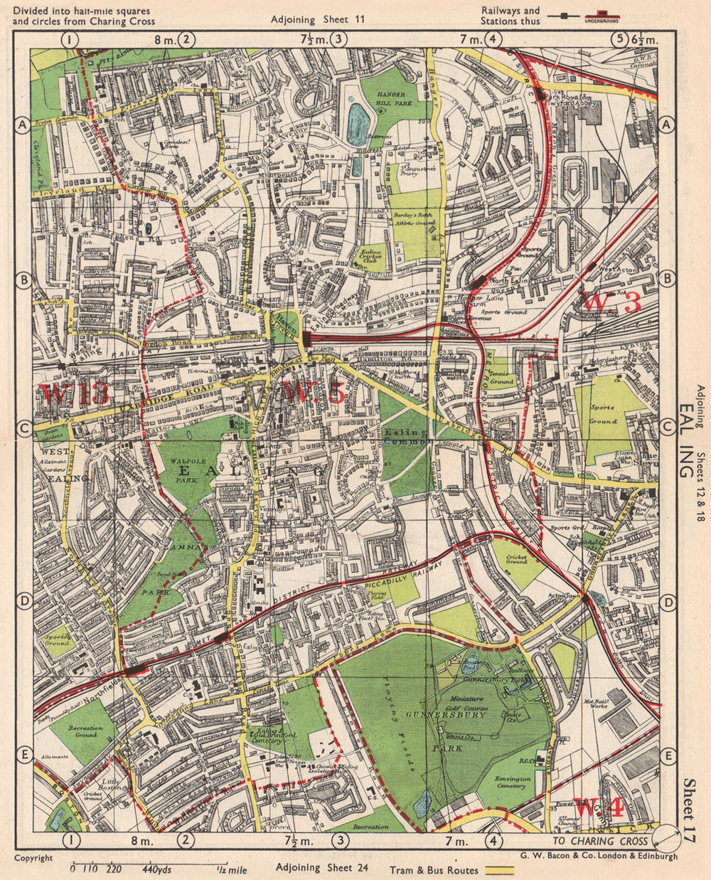 W LONDON. Ealing Park Royal West Acton Town Gunnersbury Park. BACON 1948 map