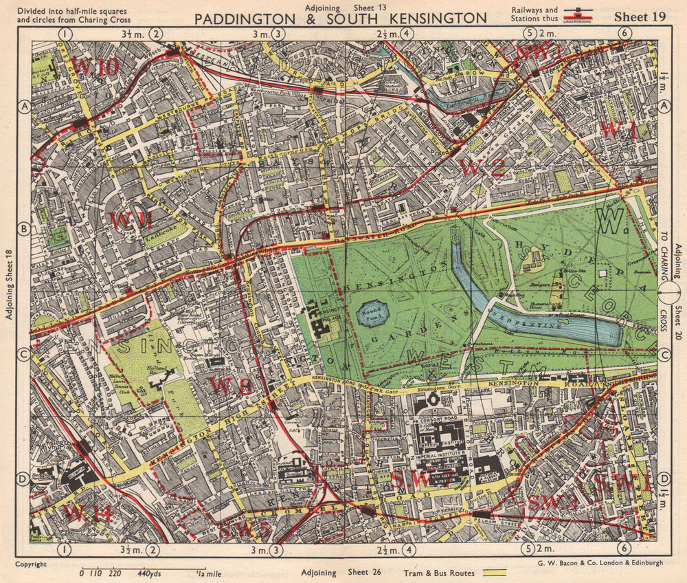 W LONDON. Paddington South Kensington Bayswater Notting Hill. BACON 1948 map