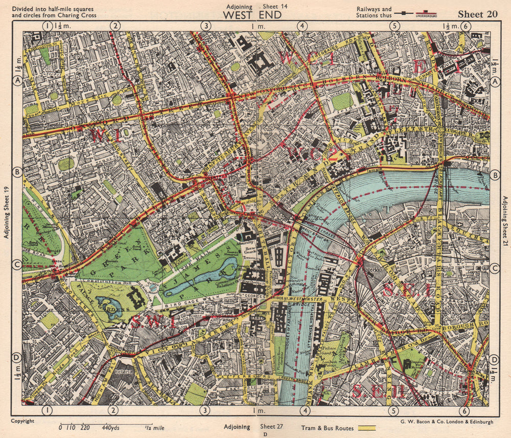LONDON WEST END. Soho Mayfair Marylebone Lambeth Holborn. BACON 1948 old map