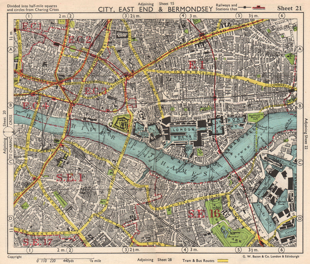 LONDON. City East End Bermondsey Stepney Rotherhithe Whitechapel.BACON 1948 map
