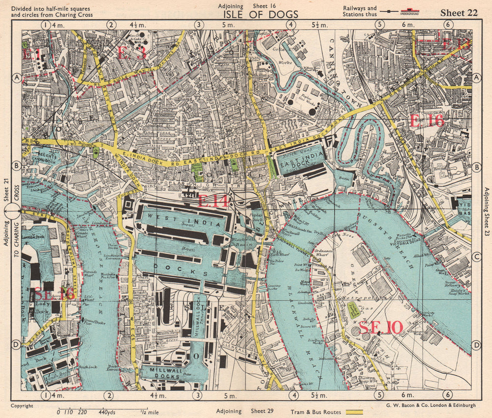 E LONDON Surrey Docks Isle of Dogs Canning Town Poplar Limehouse.BACON 1948 map