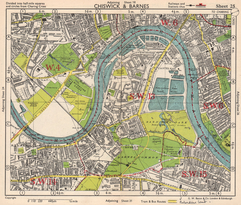 SW LONDON. Chiswick Barnes Castlenau Fulham Hammersmith Mortlake.BACON 1948 map