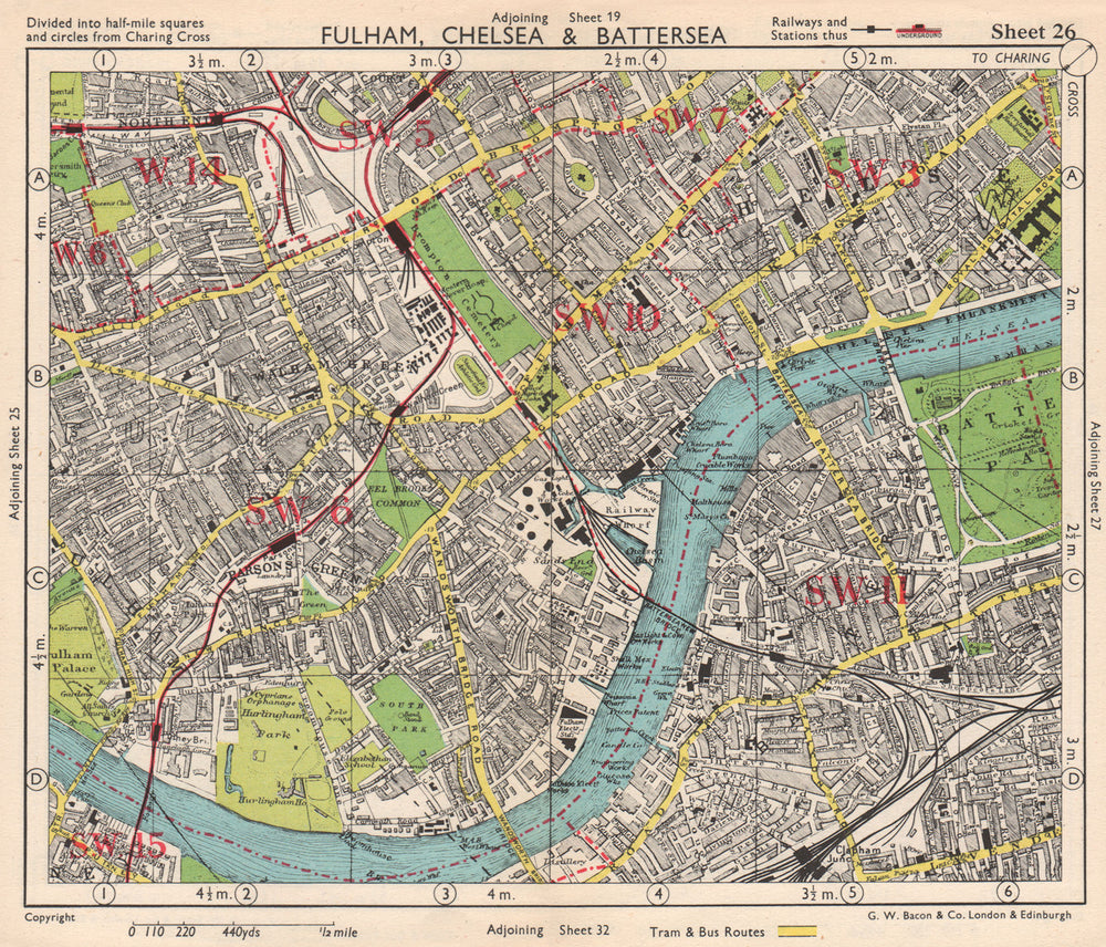 SW LONDON. Fulham Chelsea Battersea Walham/Parson's Green. BACON 1948 old map