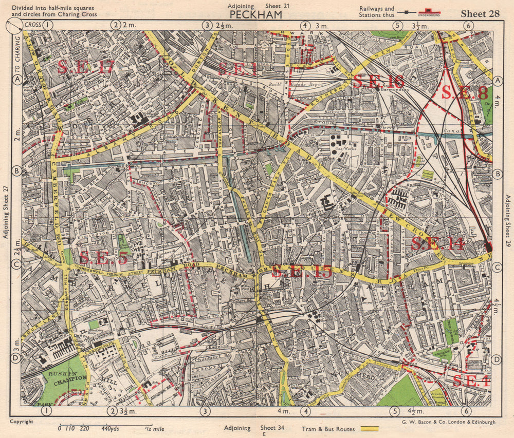 SE LONDON. Peckham Camberwell Hatcham Denmark Hill Surrey canal. BACON 1948 map