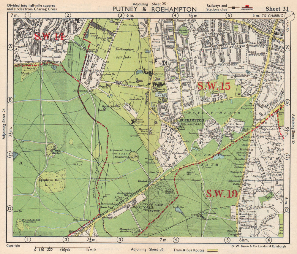 SW LONDON. Putney Roehampton Richmond Park Wimbledon Common. BACON 1948 map