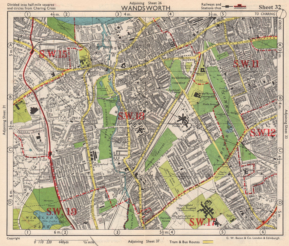SW LONDON. Wandsworth E Putney Wimbledon Earlsfield Southfields. BACON 1948 map
