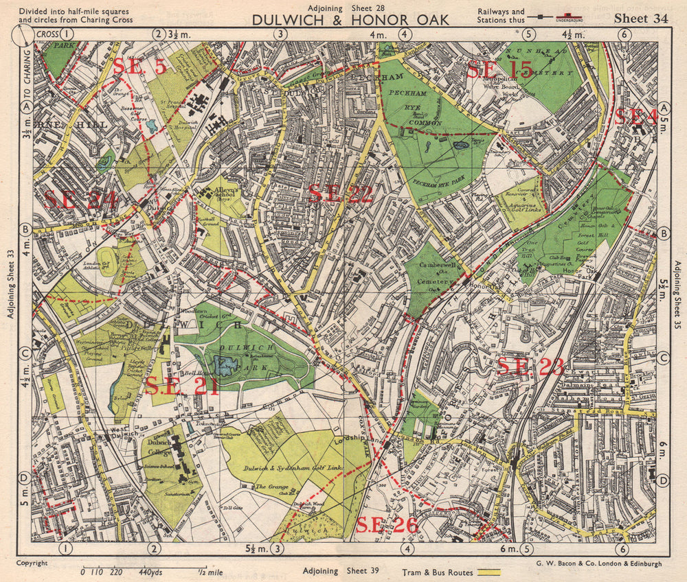 SE LONDON. Dulwich Honor Oak Forest Hill Herne Hill Peckham Rye. BACON 1948 map