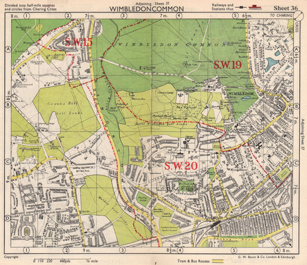 SW LONDON. Wimbledon Common Cottenham Park Malden Coombe Hill. BACON 1948 map