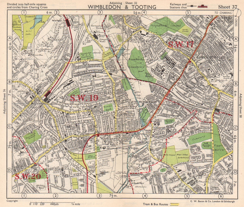 SW LONDON. Wimbledon Tooting Merton Morden Upper Mitcham. BACON 1948 old map