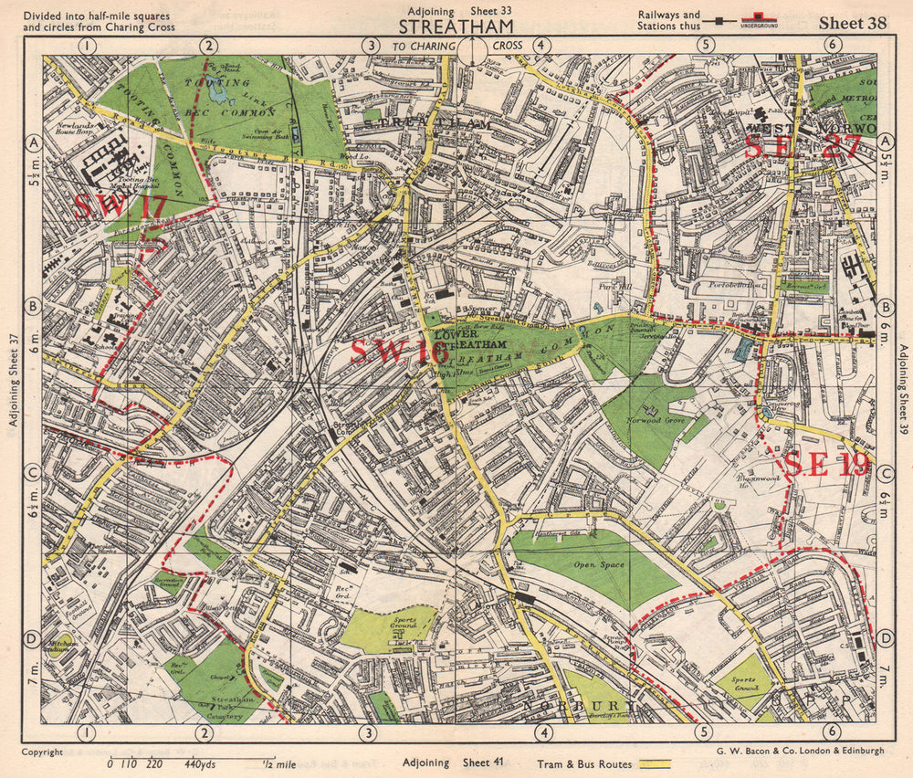 S LONDON. Streatham/Vale Norbury Tooting Bec West Norwood. BACON 1948 old map