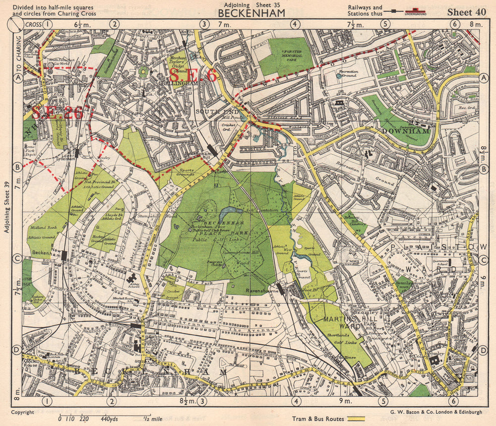SE LONDON. Beckenham Downham Bellingham Bromley Bell Green. BACON 1948 old map