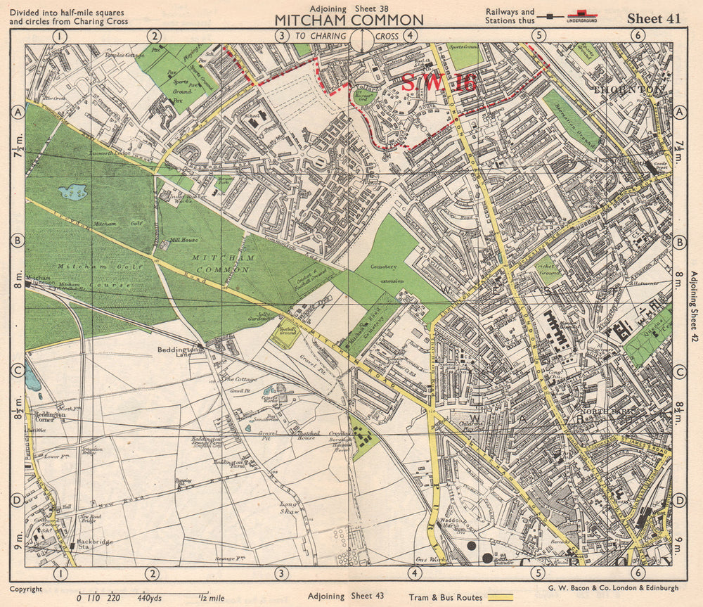 S LONDON. Mitcham Common Thornton Heath Croydon Beddington. BACON 1948 old map