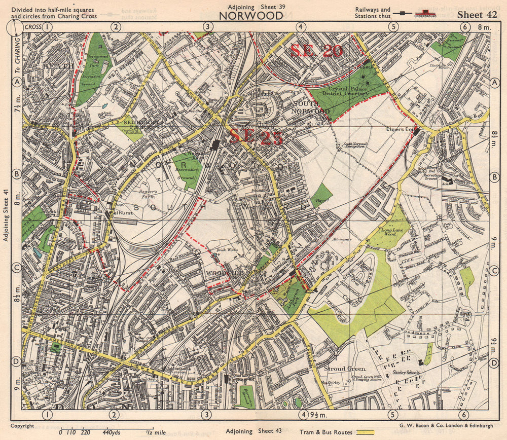 S LONDON. Norwood Elmer's End Selhurst Croydon Addiscombe. BACON 1948 old map